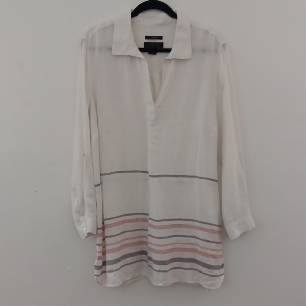 Tahari Linen Striped  Popover Tunic Top #3398